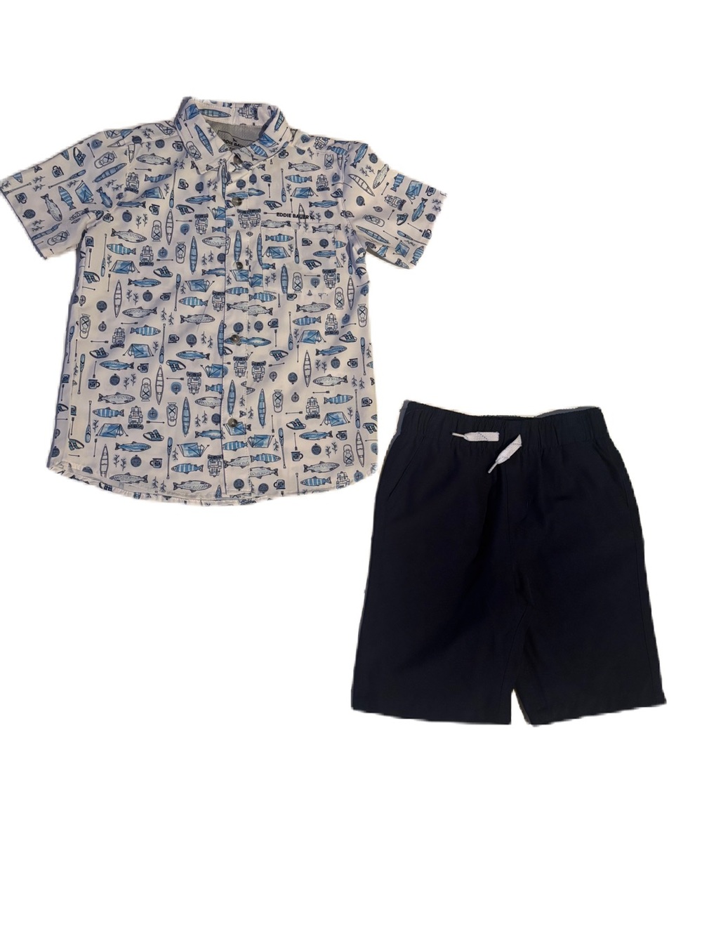 Eddie Bauer White Short-Sleeve Fish Print Button-Up with Navy Shorts Set Boys 7